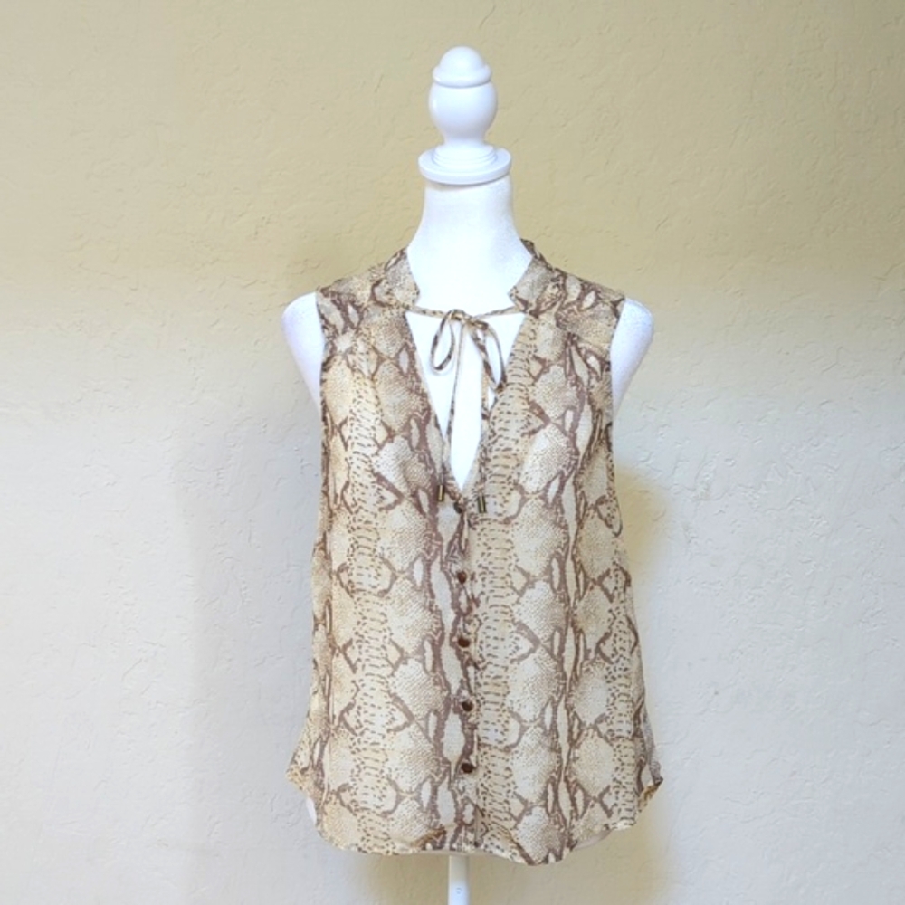 🌻 H&M Semi Sheer Tan Snakeskin Print Sleeveless Tie Neck Blouse Size 6